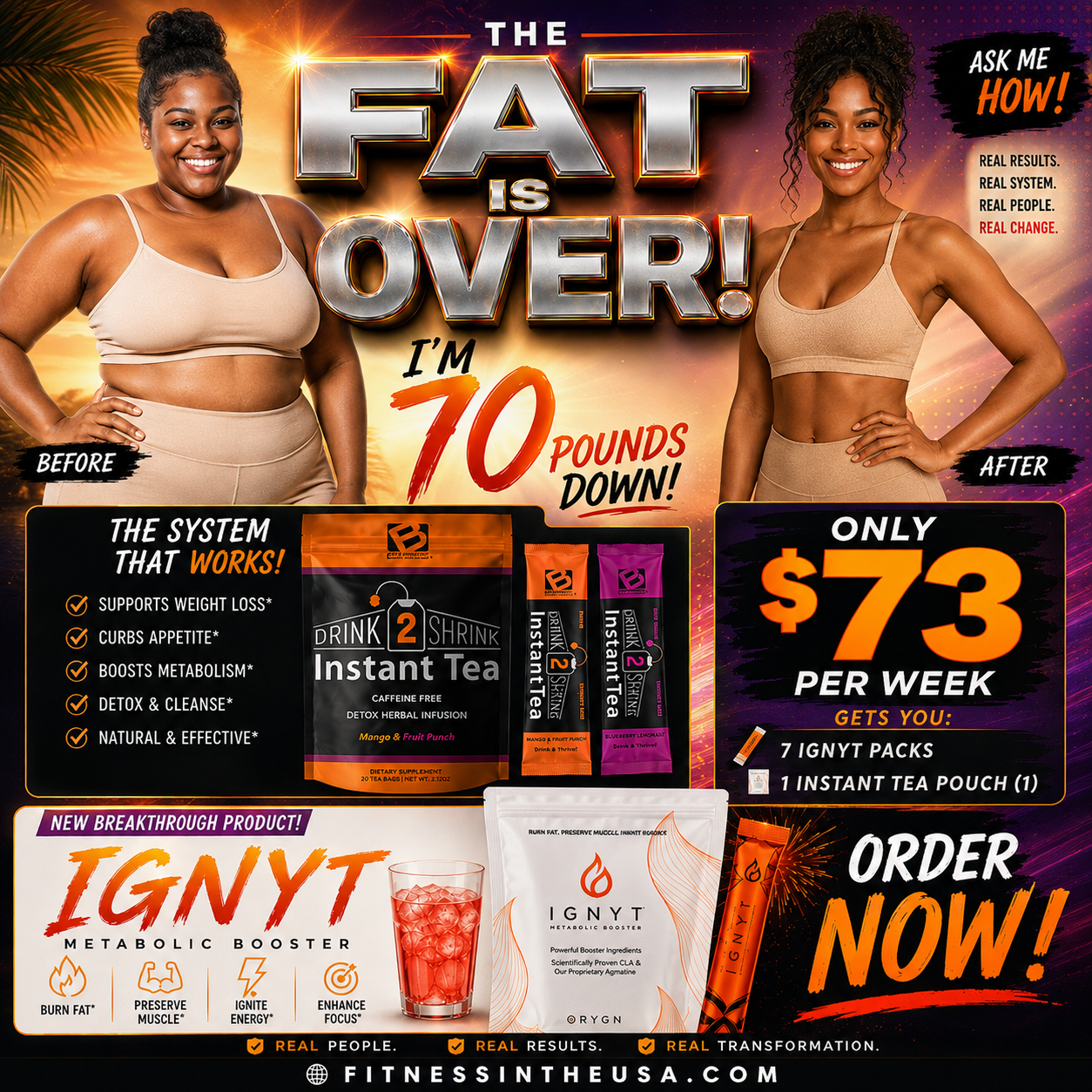 Before and after transformation using Drink2Shrink Instant Tea and the triGLP and IGNYT system
